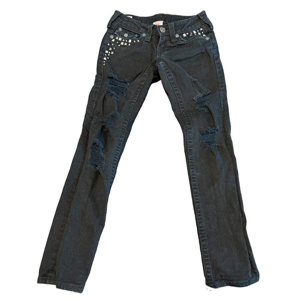 True Religion Jeans Womens Sz 24 Black Low-Rise Bootcut Studded Stretch Denim